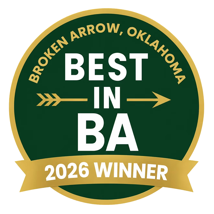 Award badge: green circle with gold border saying 'Best in BA' and gold ribbon '2026 Winner' from Broken Arrow, Oklahoma.